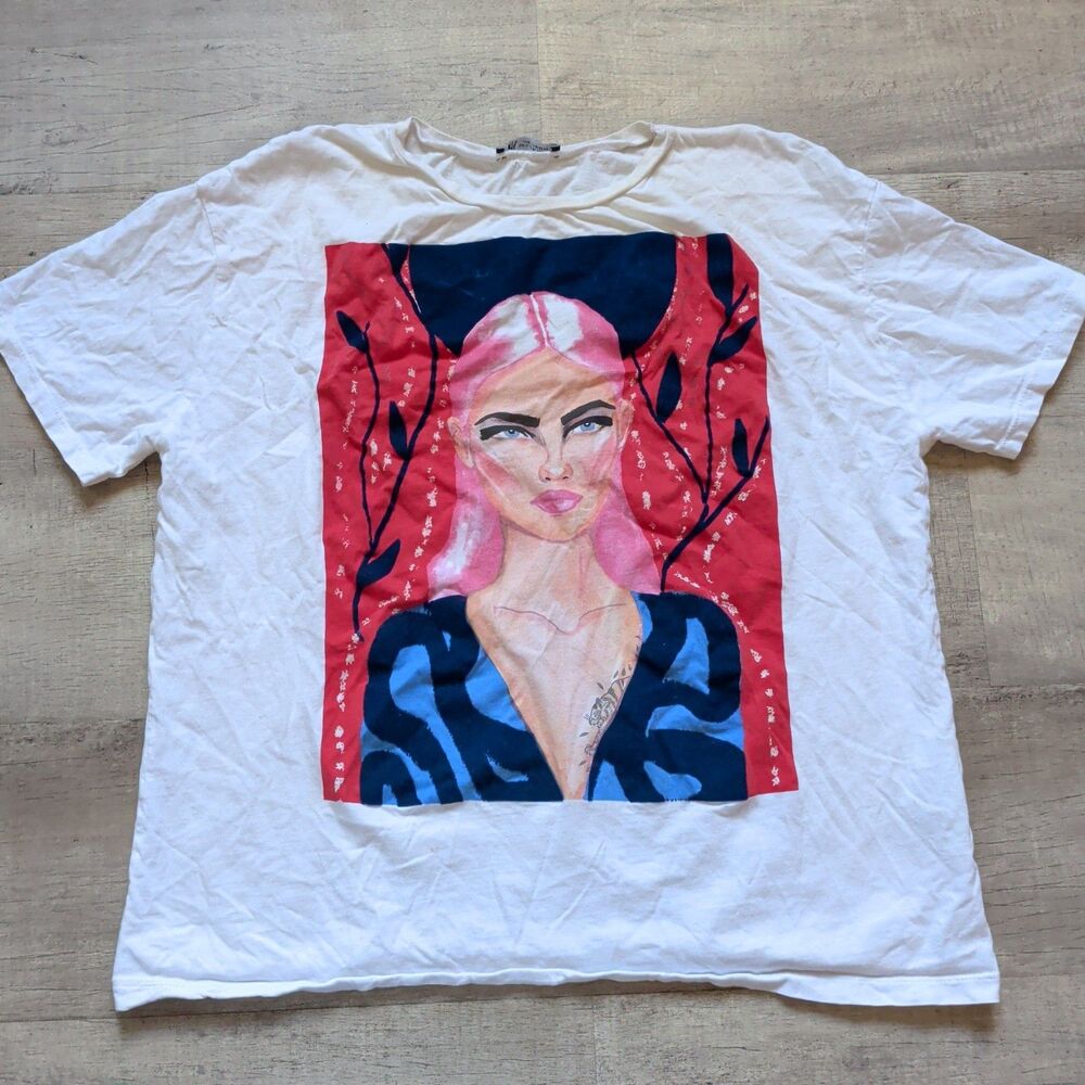 Zara Women's White Graphic Print Short Sleeve T-Shirt Size XL Pink Hair Woman